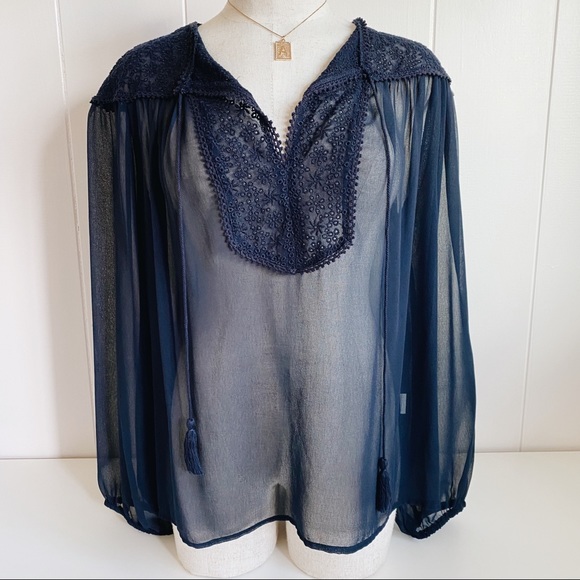Zara Navy Blue Sheer Long Sleeve Blouse Size M - Picture 1 of 4